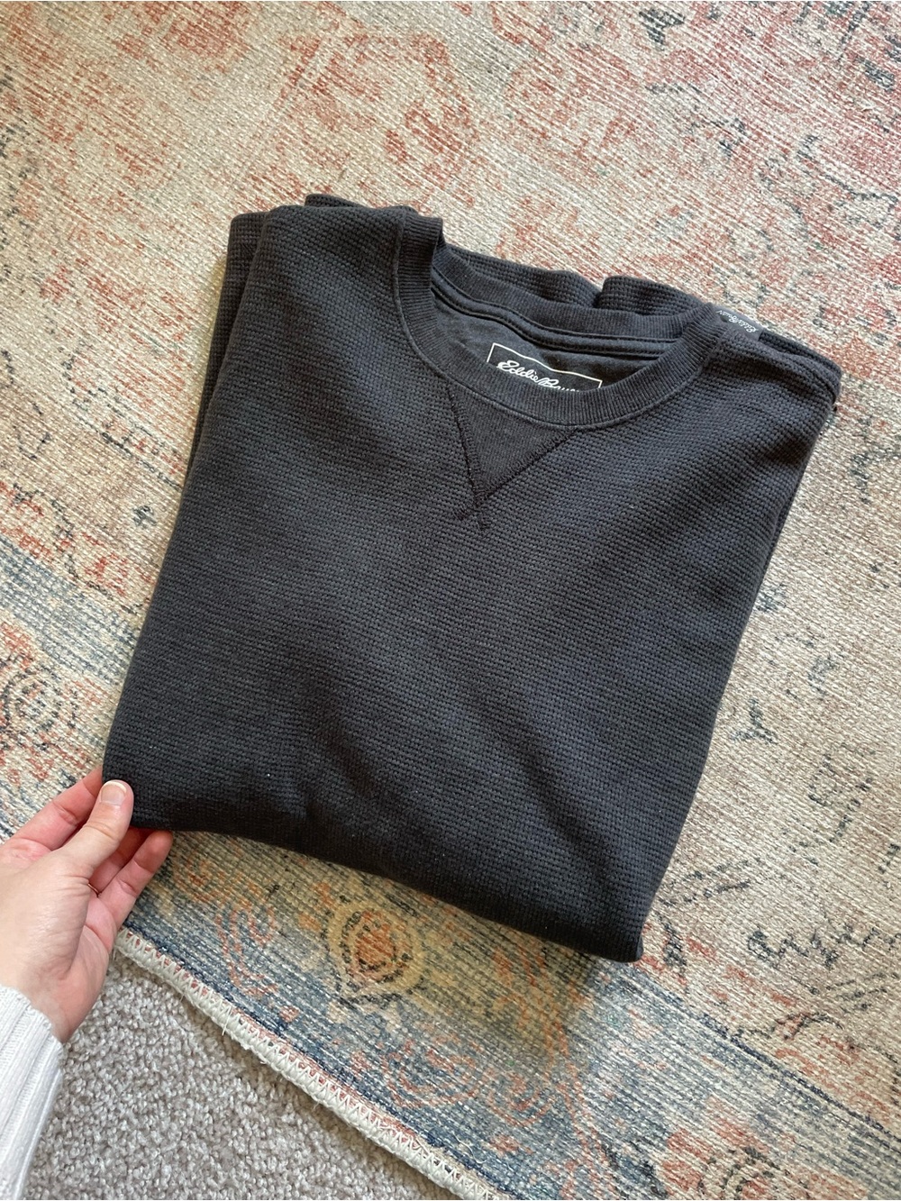 Eddie Bauer Men's Dark Gray Waffle Crewneck Thermal Sweater